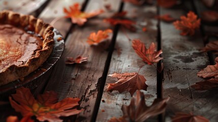 Poster - Autumn leaves scattered on rustic wood with a pie in the background.