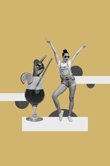 Canvas Print - Vertical collage young cheerful girl raise hands cocktail lemon orange citrus fruit finger point clubber pub bar rejoice entertainment