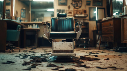 A barber chair is empty in a hair salon. Cut hair is scattered on the floor around the chair.