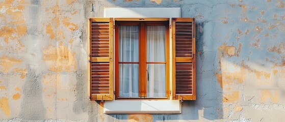 Wall Mural - Minimal travel concept. Window with wood shutters on building