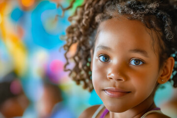 Sticker - A little girl with curly hair and blue eyes looking at the camera