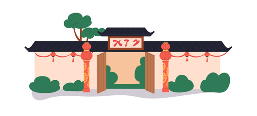 Chinese building with gate, door. Oriental architecture, open doorway and Asian decoration, lanterns. China town wall, entrance. Chinatown facade. Flat vector illustration isolated on white background