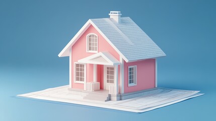 Wall Mural - A charming pink house model against a soft blue background, perfect for real estate, home design, or architectural illustrations.