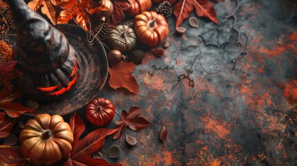 Wall Mural - Spooky Halloween background with a glowing jack-o-lantern, pumpkins and autumn leaves.