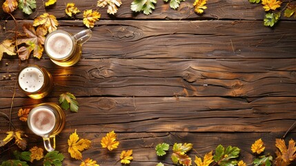 Wall Mural - Autumn leaves border with beer on wooden background.