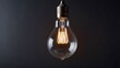 © mischenko - Incandescent lamp glowing on dark gray black wall, copy space. Electricity energy concept, hanging glass technology, illuminated room.