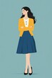 © Art Resources - Minimalism illustration, a Caucasian woman, wearing a yellow fitted cardigan with a blue flared skirt and black ballet flats, with her arms crossed, chic fashion, boho, flat illustration on soft teal