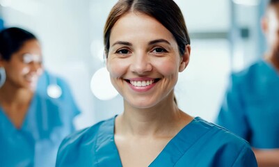 Wall Mural - Portrait of smiling nurse with colleagues in background at hospitalFocus on woman