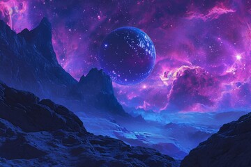 Wall Mural - A stunning space scene featuring purple and blue tones, towering mountains, and a backdrop of twinkling stars, Stargazing at a neon-hued nebula from a far-off rocky planet, AI Generated