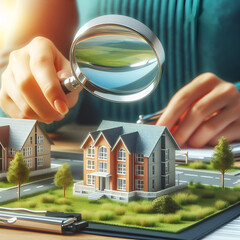 Rental housing market. Magnifying glass near residential building. Ai generative