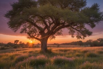 Poster - sunset behind large tree in blooming field
