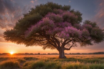 Poster - sunset behind large tree in blooming field
