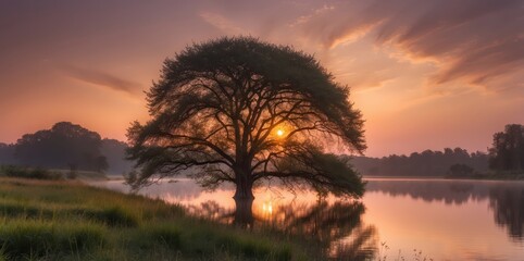 Poster - sunrise over tree by the lake
