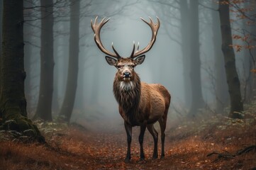 Poster - majestic stag in misty forest
