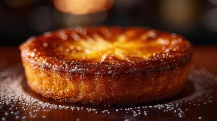 Poster - A close-up of a freshly baked cake dusted with powdered sugar. AI.