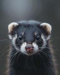 Wall Mural - A close-up portrait of a small, furry animal with big, dark eyes. AI.