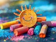 © serg3d - Colorful chalk and a smiling sun. AI.