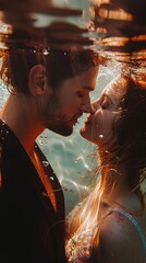 Wall Mural - A man and woman kissing underwater in a pool. AI.