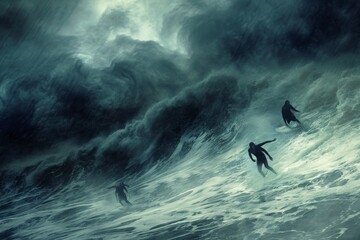 This photo captures a painting depicting two individuals bravely navigating through a massive wave, Surfers braving stormy waves, AI Generated