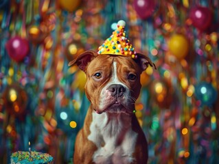 Poster - A dog wearing a party hat looks at the camera with a birthday cake in the foreground. AI.