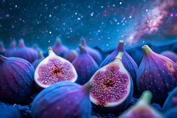 A collection of ripe figs arranged in a row, showcasing their vibrant colors and smooth textures, Surrealistic image where ripe figs replace the stars in the night sky, AI Generated