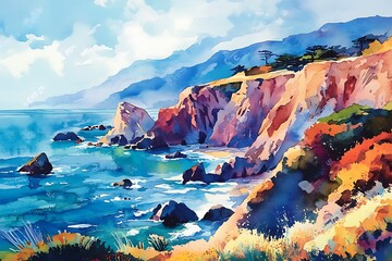 Wall Mural - Watercolor Painting of a Rocky Coastline with Ocean Waves