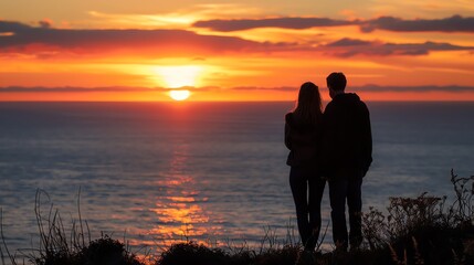 Wall Mural - A couple stands silhouetted against a sunset over the ocean.