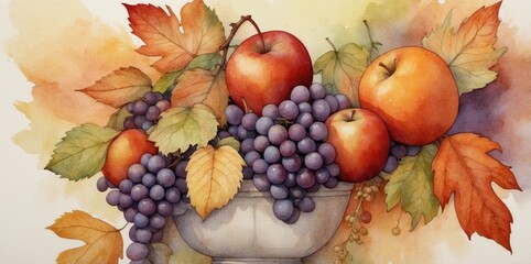 Wall Mural - vibrant autumn fruits and leaves illustration
