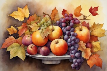 Wall Mural - vibrant autumn fruits and leaves illustration
