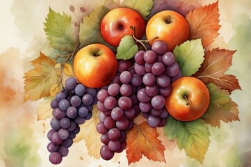 Poster - vibrant autumn fruits and leaves illustration
