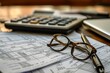 © Ifti Digital - A pair of glasses is placed on top of a table alongside a calculator, Tax preparation tools and documents, AI Generated