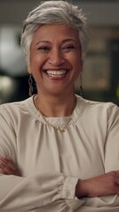 Aufkleber - Face, mature woman and confident in office at night with ambition, human resources experience and opportunity. Smile, portrait and employee with arms crossed for pride, creative growth and overtime