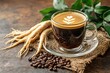 © Akarat Phasura - Photo of Coffee in a glass cup with ginseng and coffee beans on the side , Concept of Ginseng extract , Generative AI
