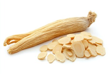 Photo of Dried ginseng sliced ​​ on white background , Concept of ginseng extract , Generative AI