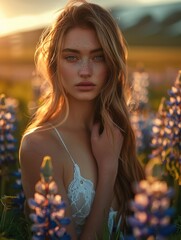 Sticker - A beautiful model standing in the middle of a lupine field in dawn light. Generative AI.