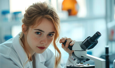 Poster - The doctor works with a microscope. A female scientist examines a microscope in the lab. Concept of a science laboratory. Generative AI.