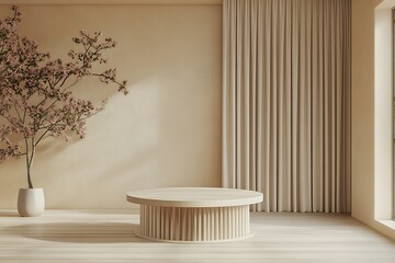 Wall Mural - Minimalist Interior with Wooden Platform and Flower Branch