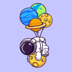 Wall Mural - cute astronaut floating with planet balloon and holding moon cartoon vector icon illustration scienc