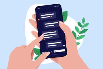 Fototapete - Text message on mobile phone screen - Hand holding smartphone texting and typing with finger on touchscreen. Online messaging and communication concept in flat design front view vector illustration