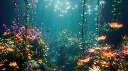 Wall Mural - Bioluminescent underwater garden, with glowing plants, diverse marine life, and an ethereal, magical atmosphere. Generative AI.