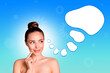 © deagreez - Creative artwork poster collage of girl thinking look text box speech mind on blue color background