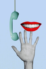 Canvas Print - Creative vertical collage human hand palm wrist call center woman lips mouth face fragment smile telephone call landline customer support