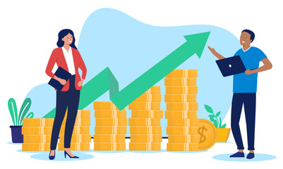 Fototapete - Business people financial growth - Two businesspeople, man and woman making money standing in front of chart with green arrow pointing up towards growth. Flat design vector illustration