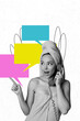© deagreez - Vertical poster collage young girl naked covered towels shower speak phone landline textboxes communication conversation dialog