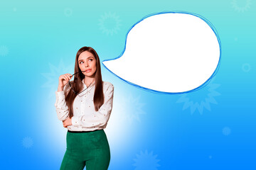 Sticker - Painting creative template collage of smart female girl thinking speech bubble on blue color background