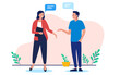 © Knut - Work conversation - Two people , men and woman standing talking and having dialogue with speech bubbles above head. Flat design vector illustration with white background