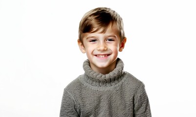 Poster - Portrait of a smiling little boy in a sweater on a white background