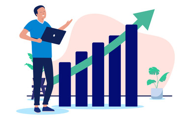 Leinwandbilder - Successful man with computer - Smiling person standing holding laptop in hands and looking at big financial growth chart and graph with green arrow pointing up. Flat design vector illustration