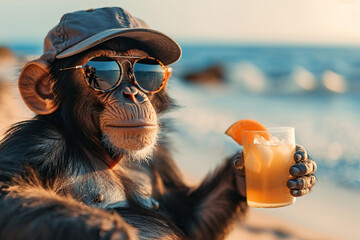 Cute monkey in sunglasses, baseball cap and shorts on the beach with a cocktail in his paws, seaside holiday concept