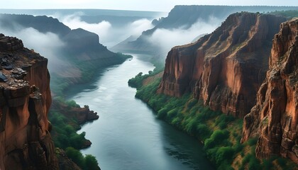 The misty canyons and calm rivers show a tranquil natural landscape.